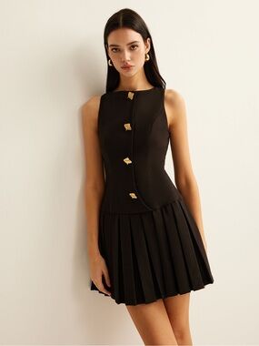 Commense Black Gold Button Pleated Mini Dress Size S